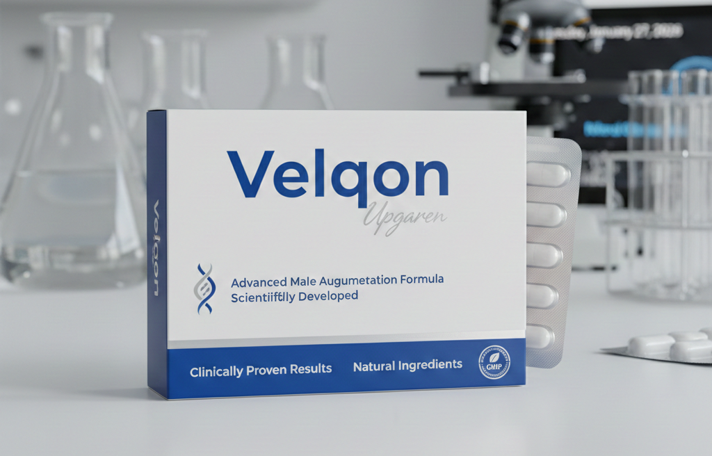 Professional photo of falnexor Upgaren supplement bottle - sleek dark blue and white packaging with modern medical design, containing 60 natural enhancement capsules, photographed on clean white background with soft clinical lighting, realistic product photography style